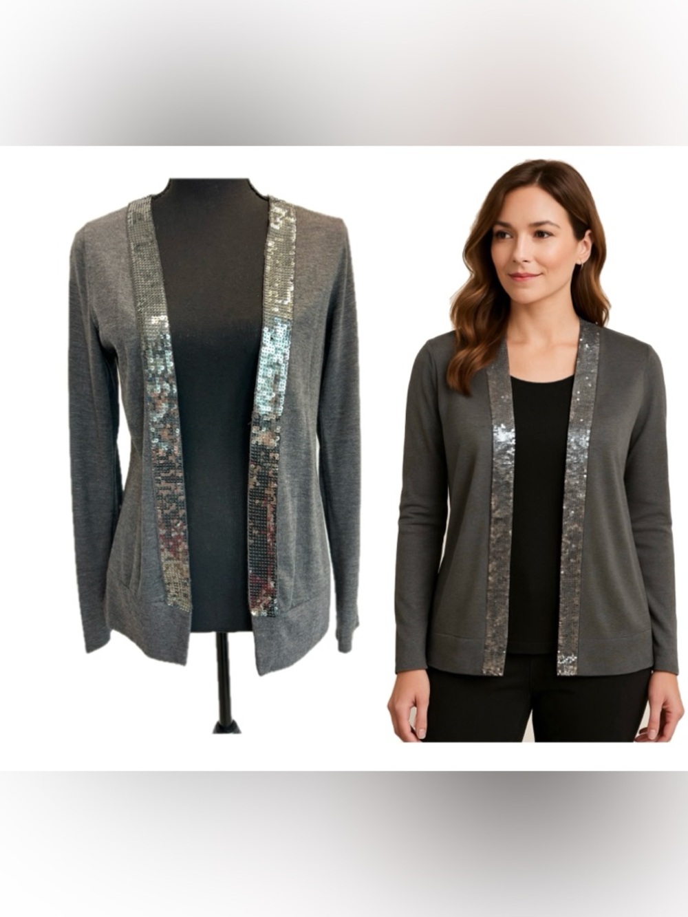 Gray Open-Front Sweater Cardigan with Sequin Trim